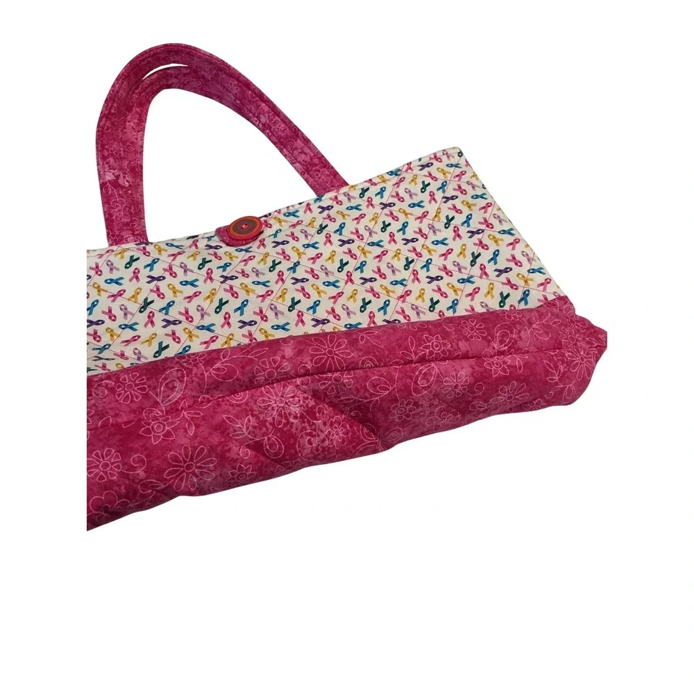 Quilted Tote Bag Womens Large Pink Awareness Ribbon‎ Floral Excellent